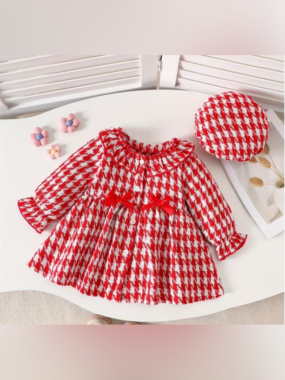Boutique Toddler Girl Red Houndstooth Dress & Beret Hat Set - Size 2-3Y (EUC)